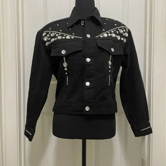 NWT Vintage Robin Berry Denim Jacket Black Rhinestone Small Western Glam USA 90s